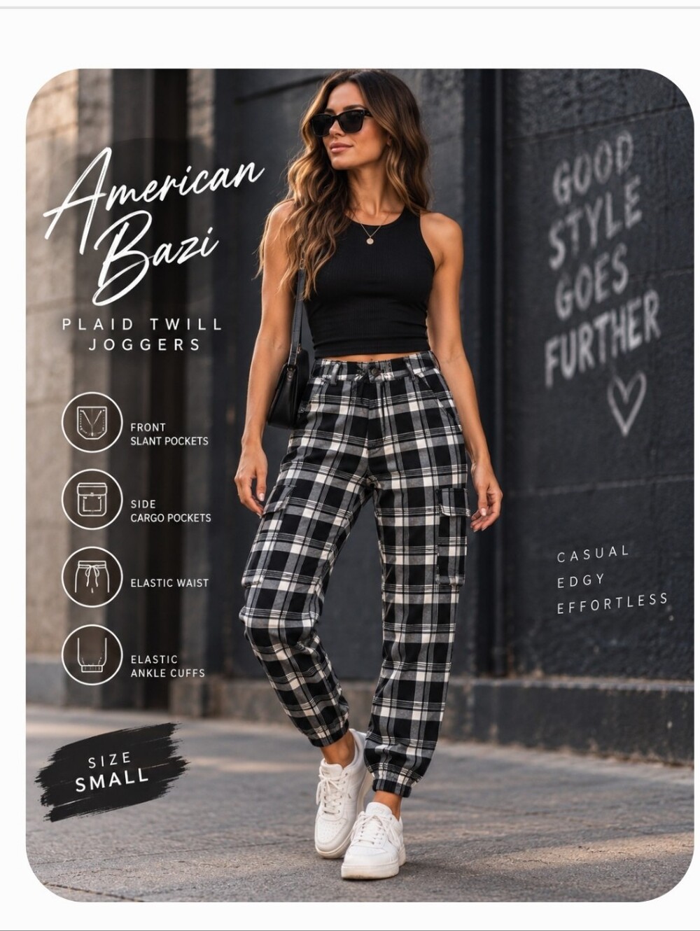 American Bazi Plaid Cargo Jogger Pants Black White NWT Size S